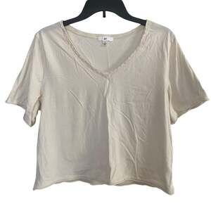 Nordstrom BP Cream Lace Trim V Neck Cropped Tee Top Small